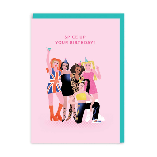 Retro 90s pop girl-group birthday greeting card with cartoon singers in party hats on pink background
