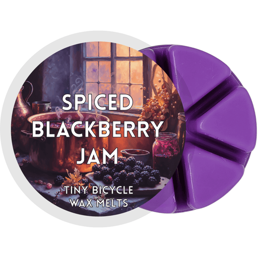 Spiced Blackberry Jam wax melt label with copper pan and berries; blackberry, cinnamon and musk home fragrance wax melts