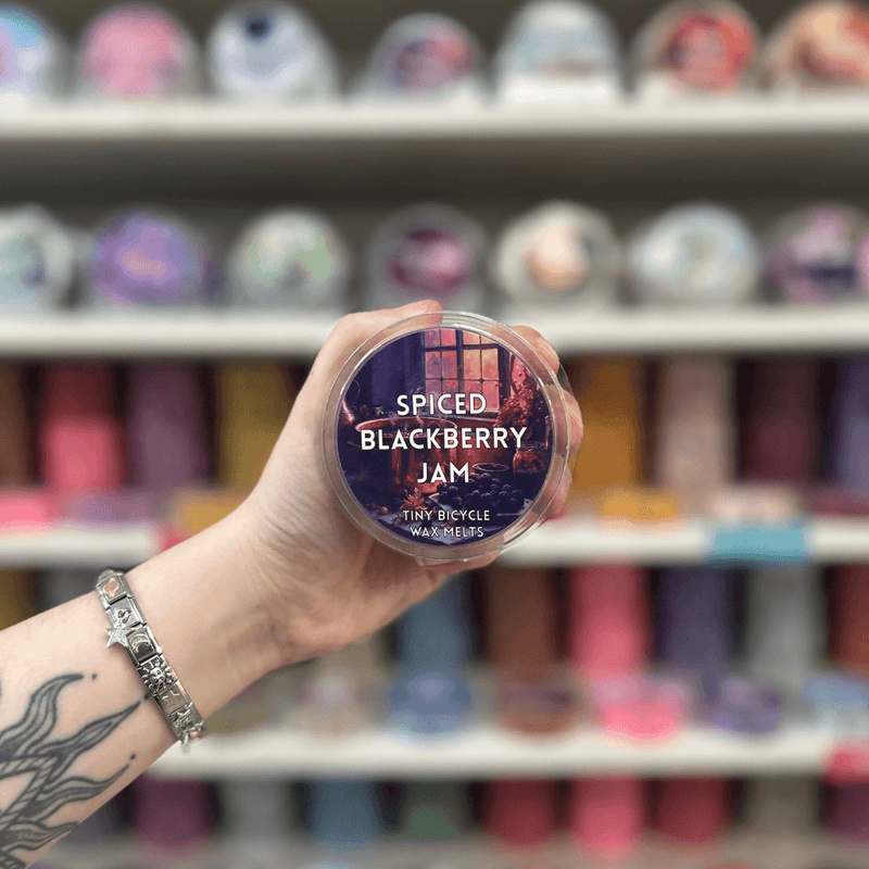 Spiced Blackberry Jam wax melt pot with dark berry label