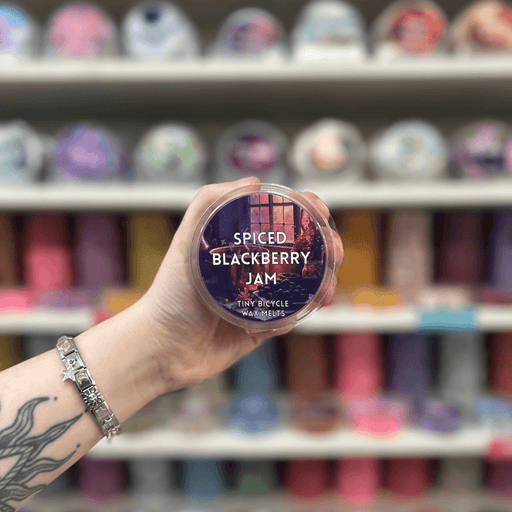 Spiced Blackberry Jam wax melt pot with dark berry label