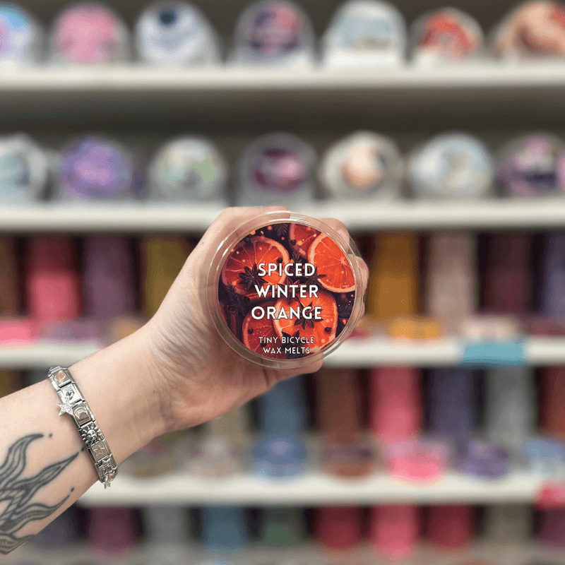 Spiced Winter Orange wax melt pot with orange and spice label
