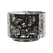 Silver carousel candle shade with butterfly and floral design, shown unlit with intricate cut-out detailing.

