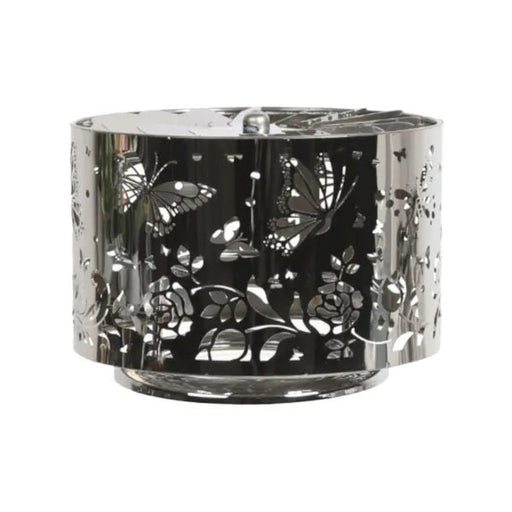 Silver carousel candle shade with butterfly and floral design, shown unlit with intricate cut-out detailing.

