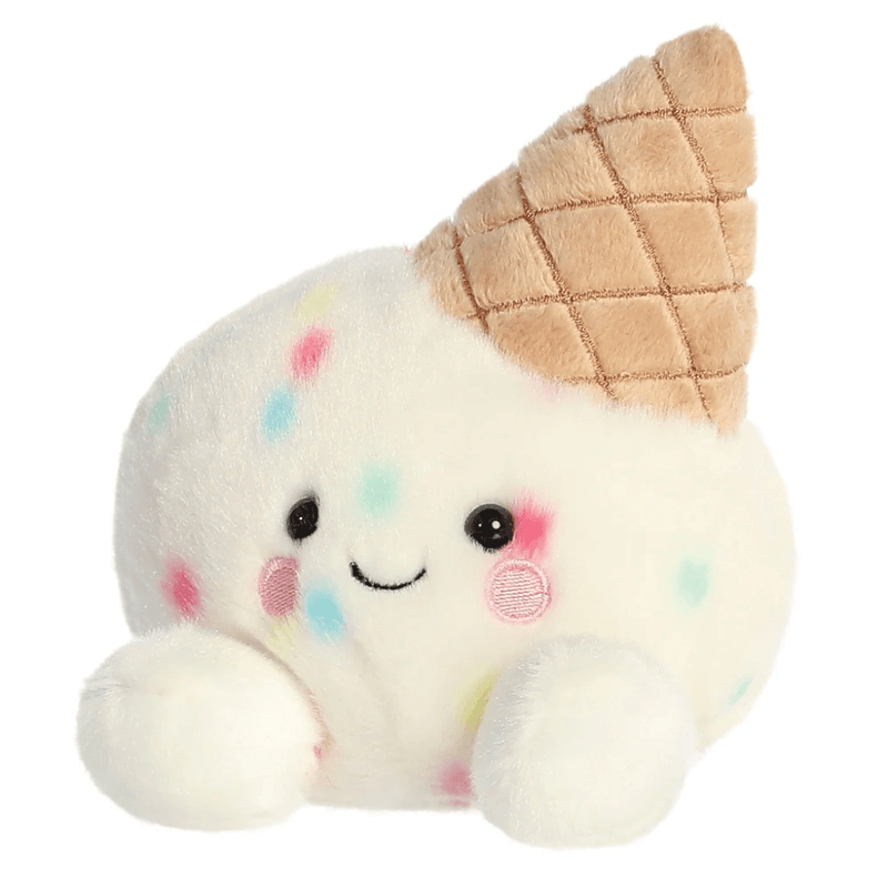 Cute ice cream Palm Pals plush with soft vanilla scoop, pastel sprinkles, embroidered smile and waffle cone.