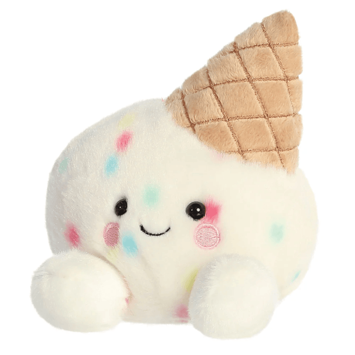 Cute ice cream Palm Pals plush with soft vanilla scoop, pastel sprinkles, embroidered smile and waffle cone.