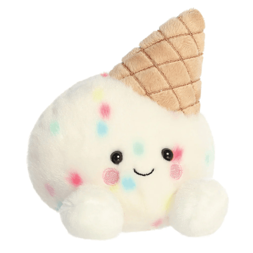 Angled view of Sprinkle Ice Cream Palm Pals plush with vanilla scoop, waffle cone, colourful sprinkles and soft plush feet.