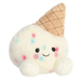 Angled view of Sprinkle Ice Cream Palm Pals plush with vanilla scoop, waffle cone, colourful sprinkles and soft plush feet.