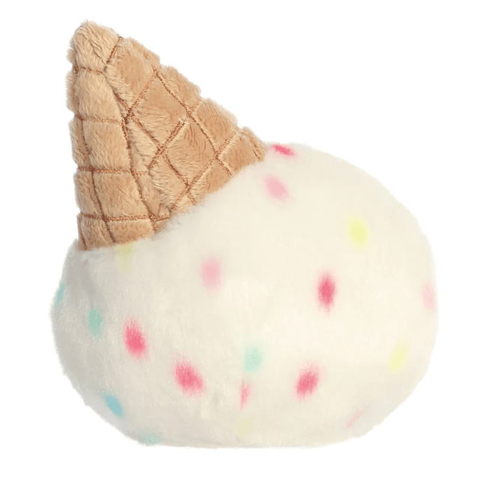 Back view of Sprinkle Ice Cream Palm Pals plush showing vanilla scoop with colourful sprinkles and waffle cone detail.