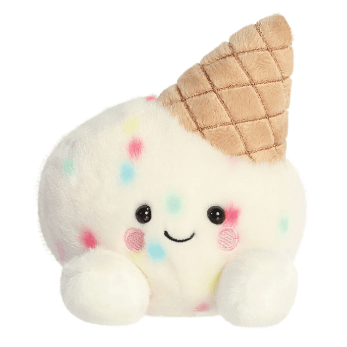 Sprinkle Ice Cream Palm Pals plush toy with smiling face, vanilla scoop, colourful sprinkles and waffle cone.