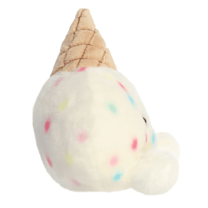 Side view of Sprinkle Ice Cream Palm Pals plush showing rounded vanilla scoop, colourful sprinkles and waffle cone on top.