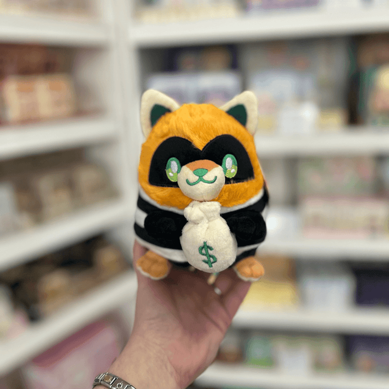 Squishable Alter Egos Cat Burglar Kitty plush toy with orange fur, black eye mask, striped outfit and money bag