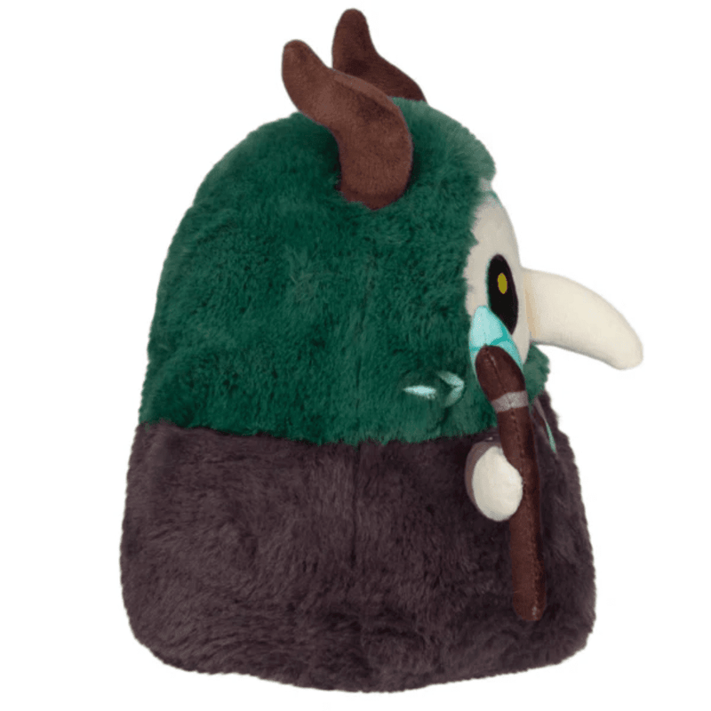 Side view of Squishable Plague Doctor Forest Queen plush showing horns, beak and staff