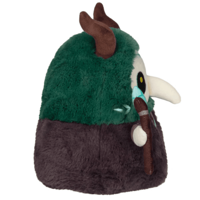 Side view of Squishable Plague Doctor Forest Queen plush showing horns, beak and staff