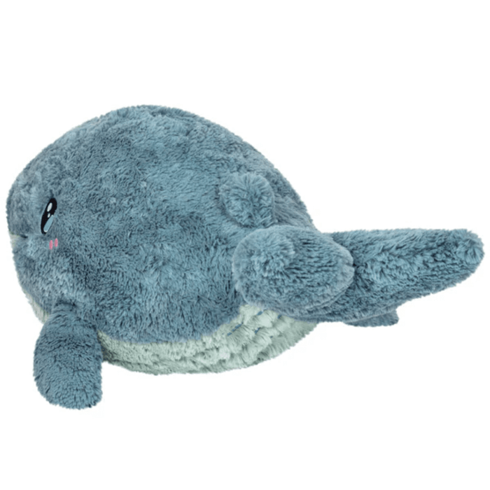 Squishable Blue Whale plush toy rear side view showing tail and fins on a white background