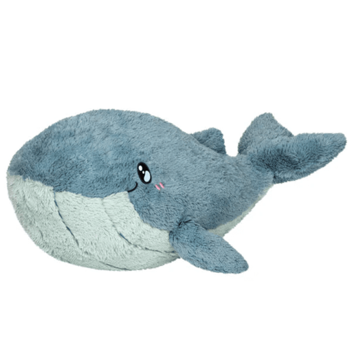 Squishable Blue Whale plush toy front view with cute face and flippers on a white background