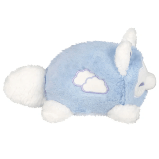 Side view of the Cloudy Kitsune plush showing embroidered cloud details