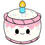 Illustrated design of the Squishable Birthday Cake plushie with sprinkles, pink icing, and candle.