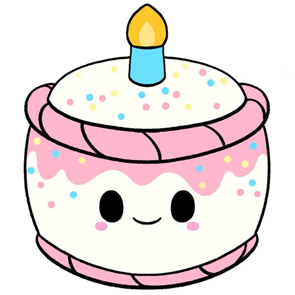 Illustrated design of the Squishable Birthday Cake plushie with sprinkles, pink icing, and candle.