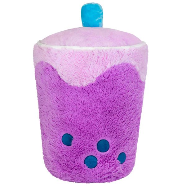 Back view of the Squishable Bubble Tea plushie showing soft plush boba pearls and curved lavender foam.