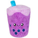 Front view of the Squishable Bubble Tea plushie with a purple base, smiling face, and plush boba pearls.