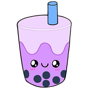 Cute illustration of the Squishable Bubble Tea plushie with pastel colours, smiling face, and straw.