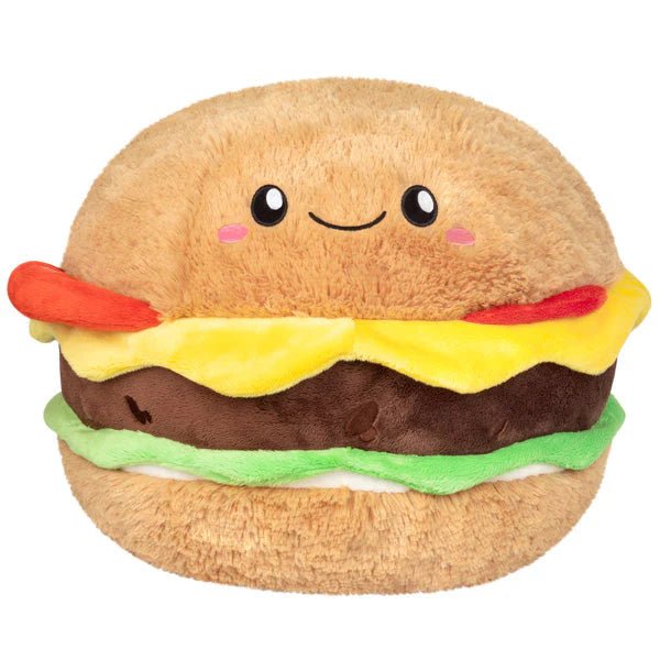 Front view of the Squishable Cheeseburger plushie with a smiling face, soft bun, and plush layers of cheese, lettuce, and tomato.