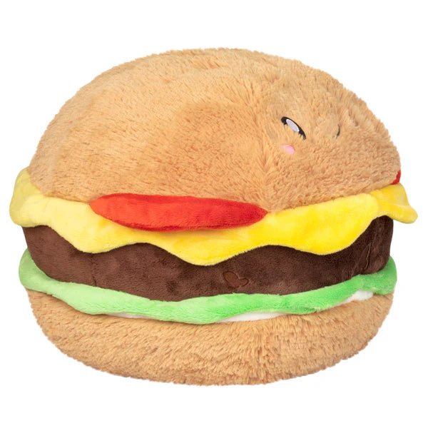 Side view of the Squishable Cheeseburger plushie highlighting its stacked burger layers and cheeky winking face.