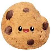 Front view of the Squishable Chocolate Chunk Cookie plushie with a happy face and plush chocolate chips.