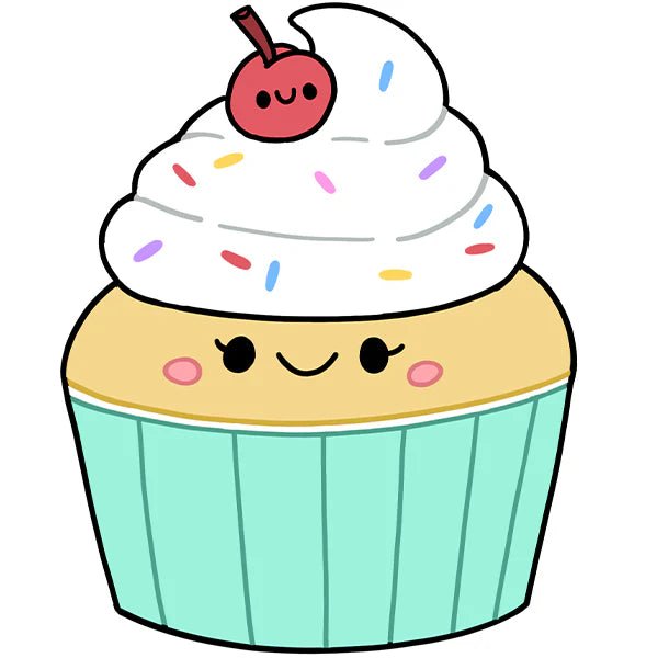 Cute illustrated version of the Squishable Madame Cupcake with pastel blue wrapper, smiling face, and cheerful cherry.