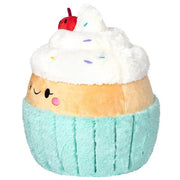 Side view of the Madame Cupcake plushie showing swirled whipped top with sprinkles and a cherry on top.