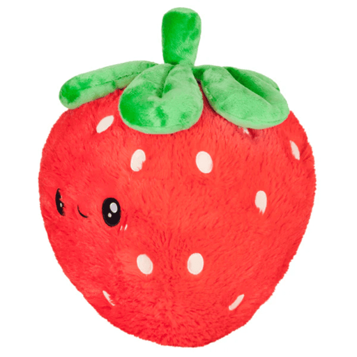 Angled view of Squishable Comfort Food Strawberry plush toy showing winking face and leaf top