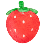 Back view of Squishable Comfort Food Strawberry plush toy showing white seed dots and green leaves