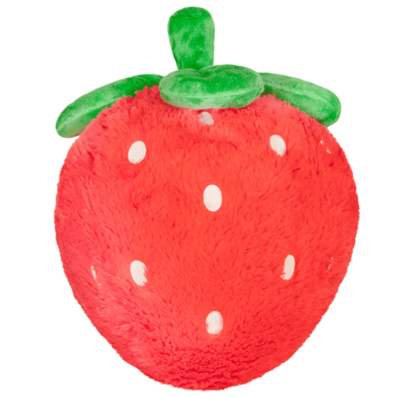 Back view of Squishable Comfort Food Strawberry plush toy showing white seed dots and green leaves