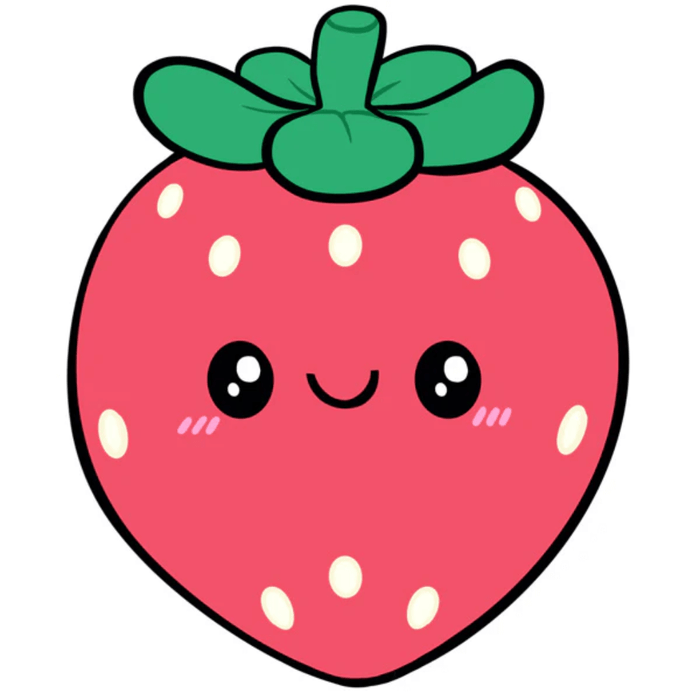 Cartoon illustration of the Squishable Comfort Food Strawberry plush toy with pink-red body and green top