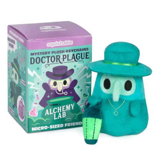 Hemlock Squishable Doctor Plague plush keychain beside Alchemy Lab blind box