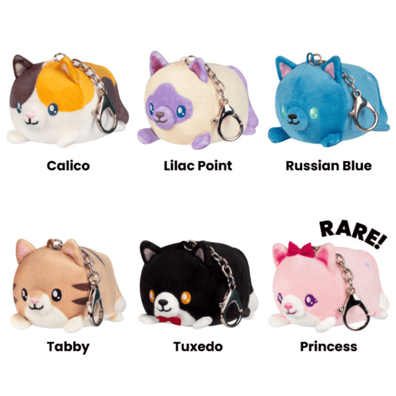 All six Squishable Cozy Cats plush keychain designs including rare Princess Kitty