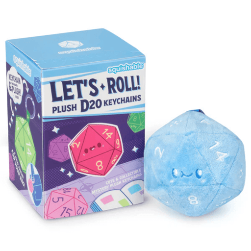 Squishable Let’s Roll plush D20 keychain blind box shown with a blue D20 plush keychain