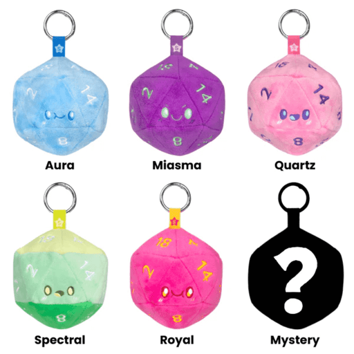 Line-up of Squishable Let’s Roll plush D20 keychains showing Aura, Miasma, Quartz, Spectral, Royal and Mystery