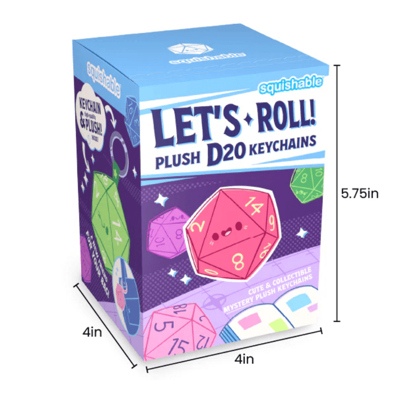 Squishable Let’s Roll Plush D20 Keychains blind box packaging showing box size measurements