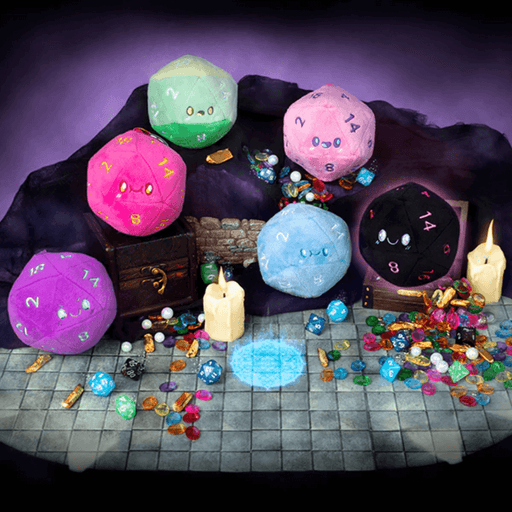 Squishable Let’s Roll plush D20 keychains displayed in a tabletop RPG scene with dice and treasure
