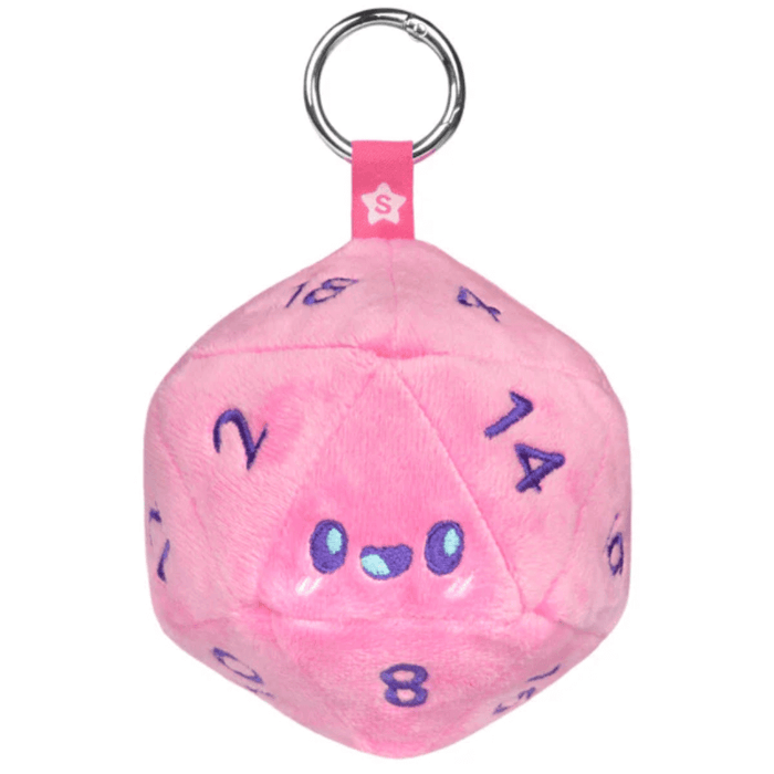 Quartz pink Squishable Let’s Roll plush D20 keychain with embroidered numbers and metal keyring