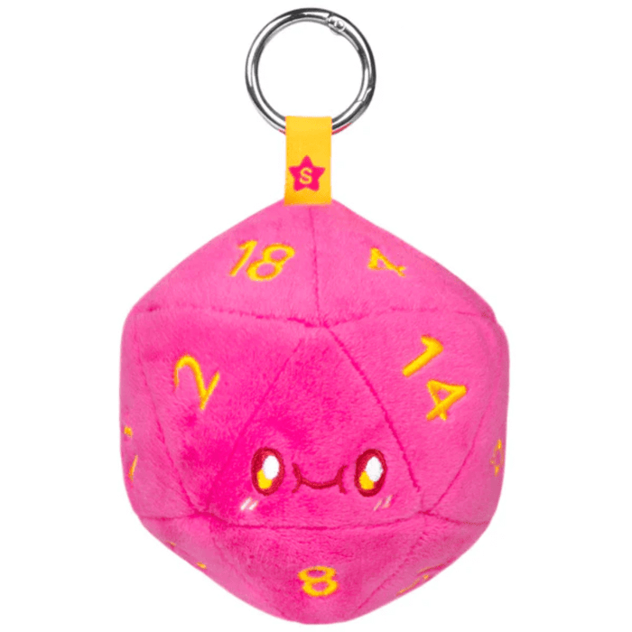 Quartz pink Squishable Let’s Roll plush D20 keychain with embroidered numbers and metal keyring