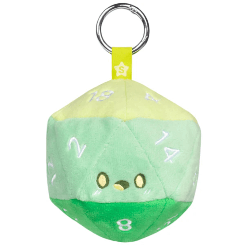 Spectral green Squishable Let’s Roll plush D20 keychain with embroidered numbers and metal keyring