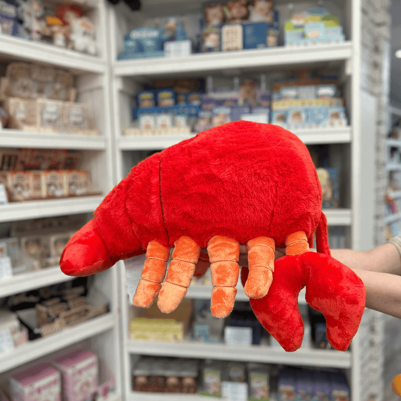 Squishable Lobster plush toy held in hands in a gift shop, side view
