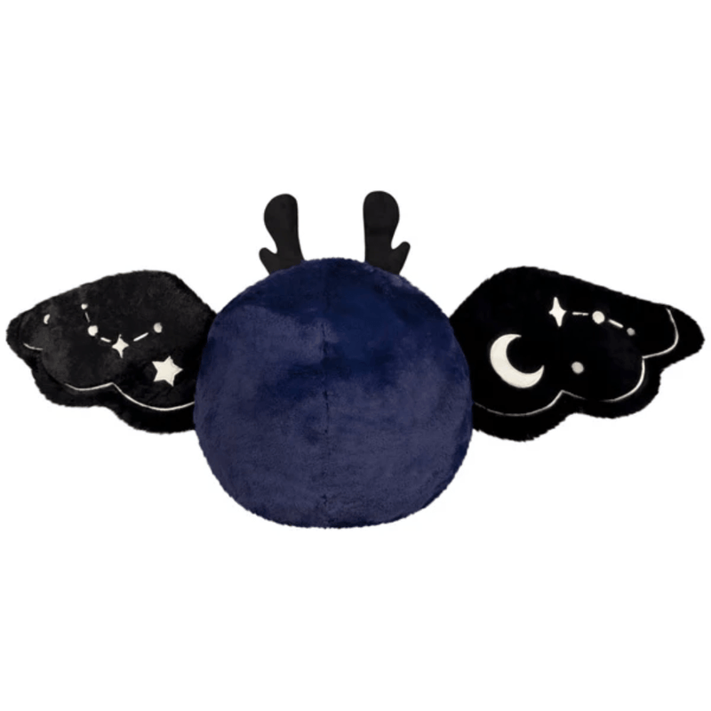 Rear view of Squishable Midnight Mothman plush with black wings spread wide