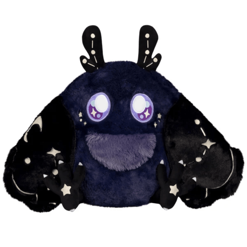Squishable Midnight Mothman plush with purple eyes, black star-patterned wings and fluffy lavender chest