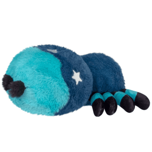 Side view of the Midnight Spider plush showing its turquoise body and striped legs