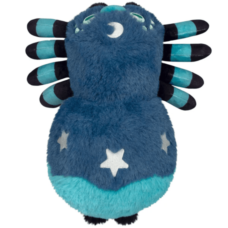 Top view of the Squishable Midnight Spider plush showing embroidered moons, stars and eight legs