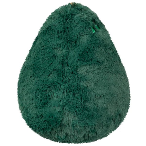Back view of avocado plush toy showing fluffy dark green skin

