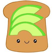 Flat illustration of smiling avocado toast plush with kawaii eyes and green slices

